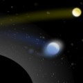 Artist’s conception of a supermassive black hole (lower left) with its tremendous gravity capturing one star (bluish, center) from a pair of binary stars, while hurling the second star (yellowish, upper right) away at a hypervelocity of more than 1 million mph. The grayish blobs are other stars captured in a cluster near the black hole. They appear distorted because the black hole’s gravity curves spacetime and thus bends the starlight. Photo Credit: Ben Bromley, University of Utah.