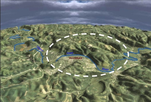 3-D view of Decorah, Iowa and the Upper Iowa River. Scene is looking due north.